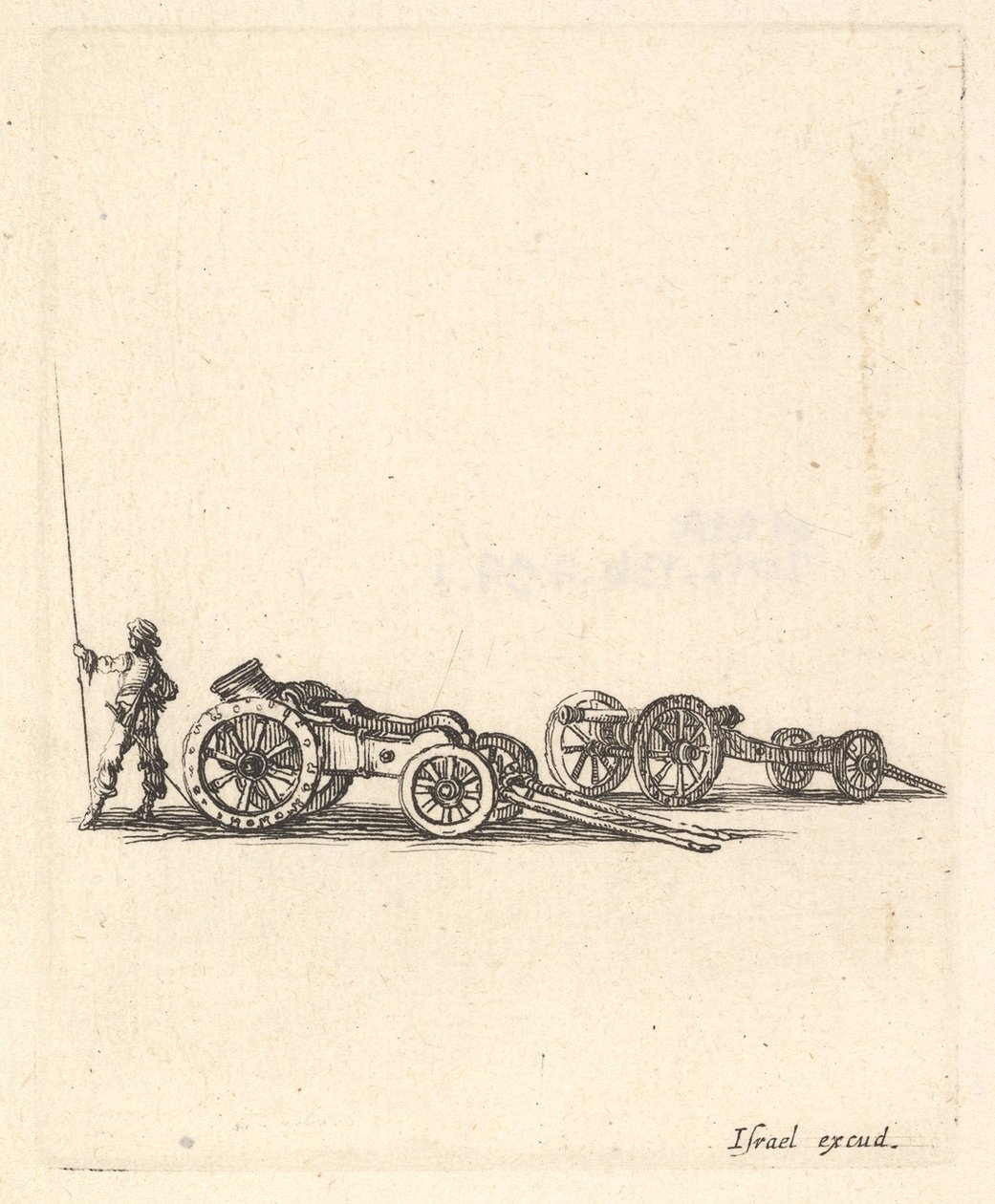 Moździerz i działo, oba na wozach, żołnierz ukazany z tyłu, ok. godz. 1638-43. autorstwa Stefano della Bella