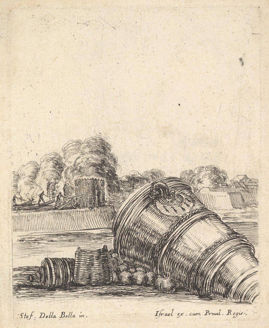 Moździerz bez powozu leżący na ziemi po prawej stronie, żołnierze strzelający z armat..., ok. godz. 1638-43. autorstwa Stefano della Bella