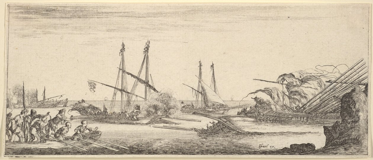 Bitwa morska, łódź wiosłowa pełna ludzi po lewej, tonący statek po prawej, dwie galery ba..., ca. 1641. autorstwa Stefano della Bella