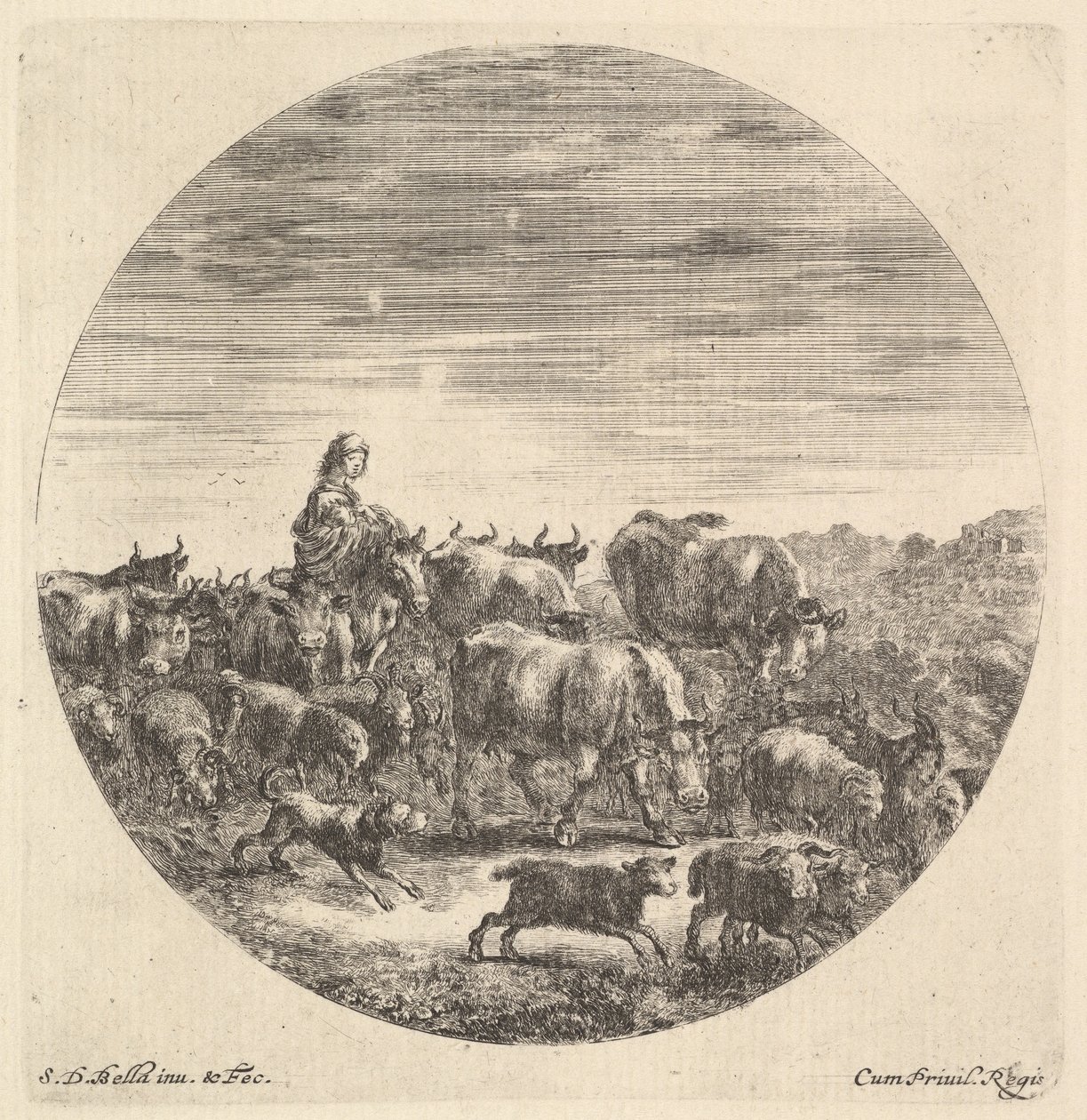 Chłopka siedząca na koniu w lewo, przodem w prawo, otoczona przez stado fc..., ca. 1643-48. autorstwa Stefano della Bella