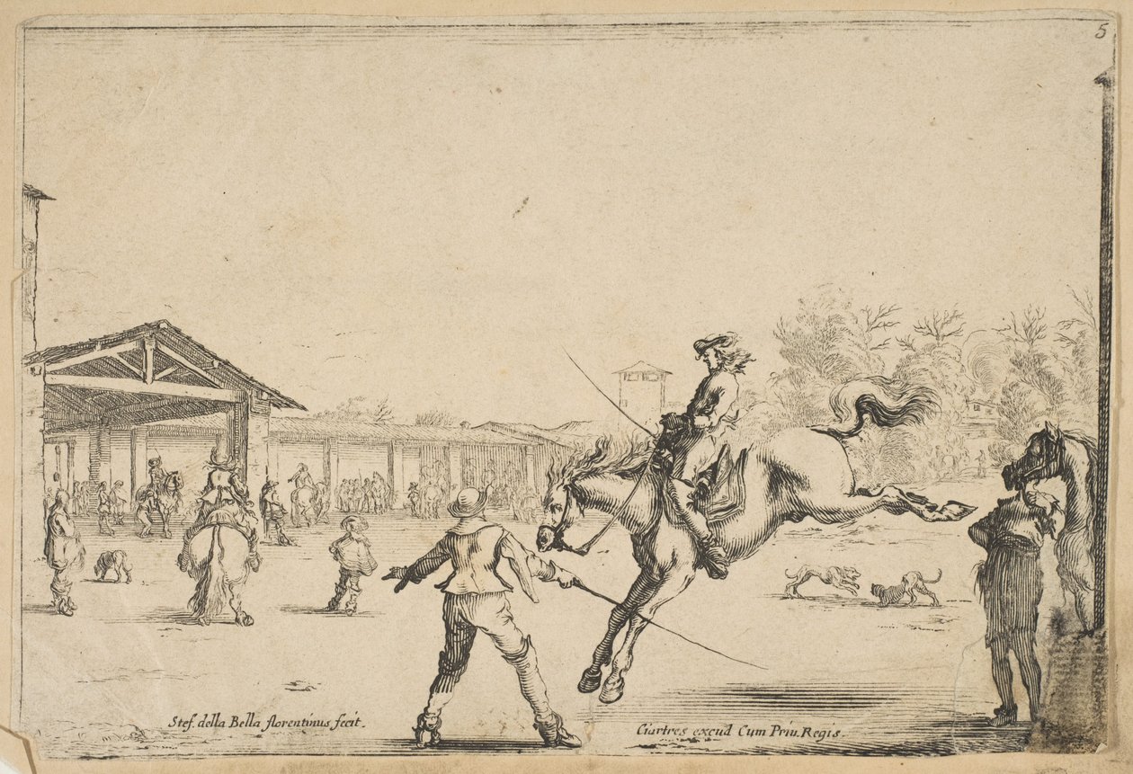 Ujeżdżalnia, jeździec ze skokami na miecze kierowany przez innego mężczyznę z mieczem w..., ca. 1645. autorstwa Stefano della Bella
