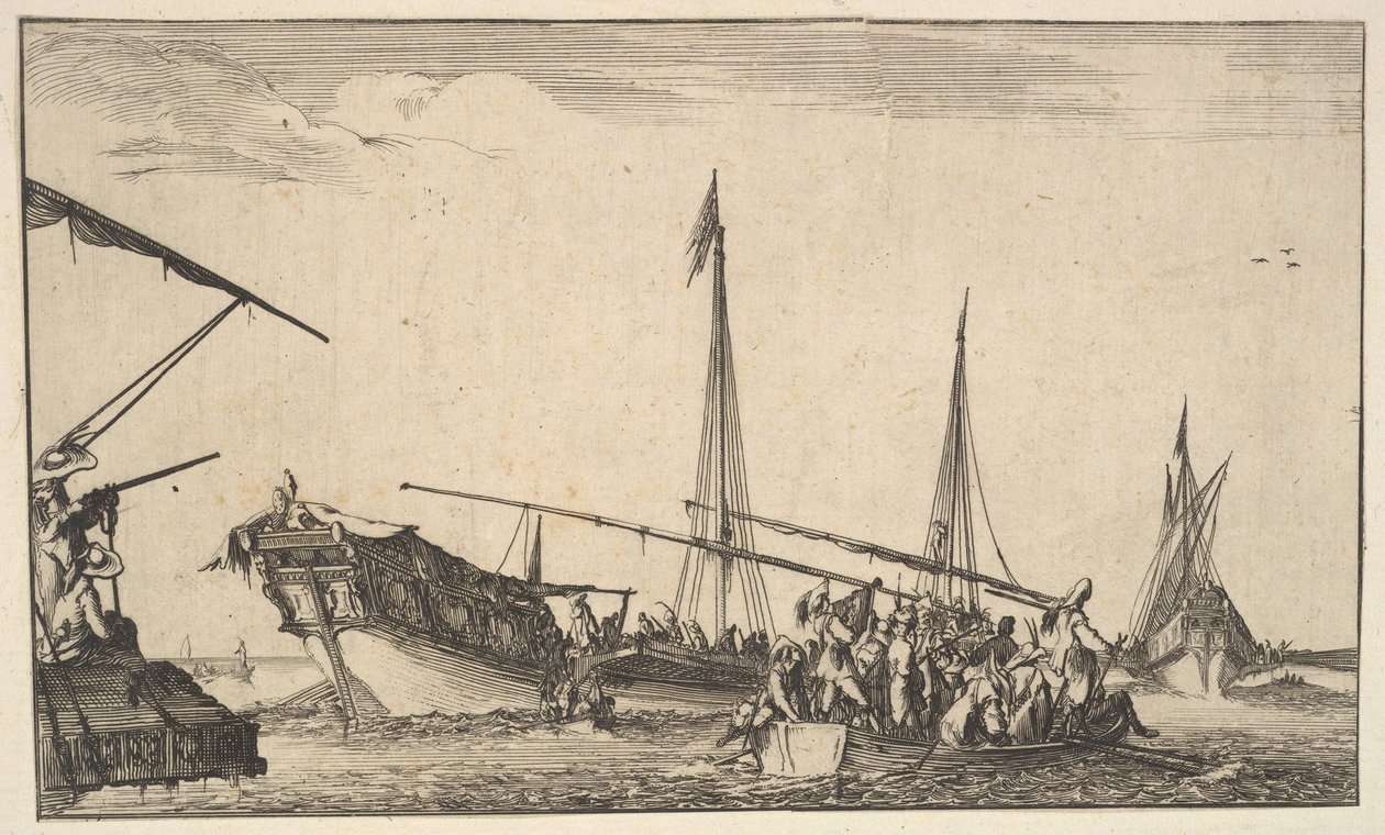 Łódź wiosłowa pełna ludzi po prawej, statek z mężczyznami schodzącymi do łodzi wiosłowej z tyłu na lewo…, 1639. autorstwa Stefano della Bella