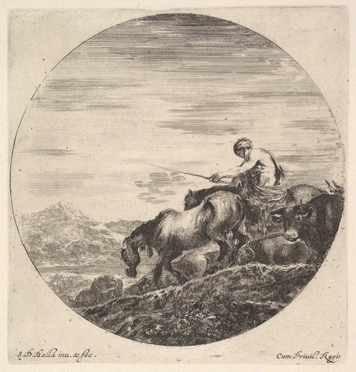 Pasterz po prawej, zwrócony w lewo, pędzący grupę zwierząt w dół, okrągła trasa..., ca. 1643-48. autorstwa Stefano della Bella