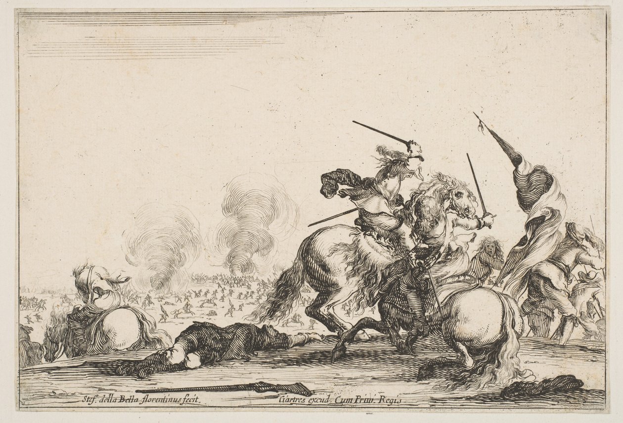 Potyczka, dwóch jeźdźców walczących na miecze w prawo, ludzie niosący flagę w biegu..., ca. 1645. autorstwa Stefano della Bella