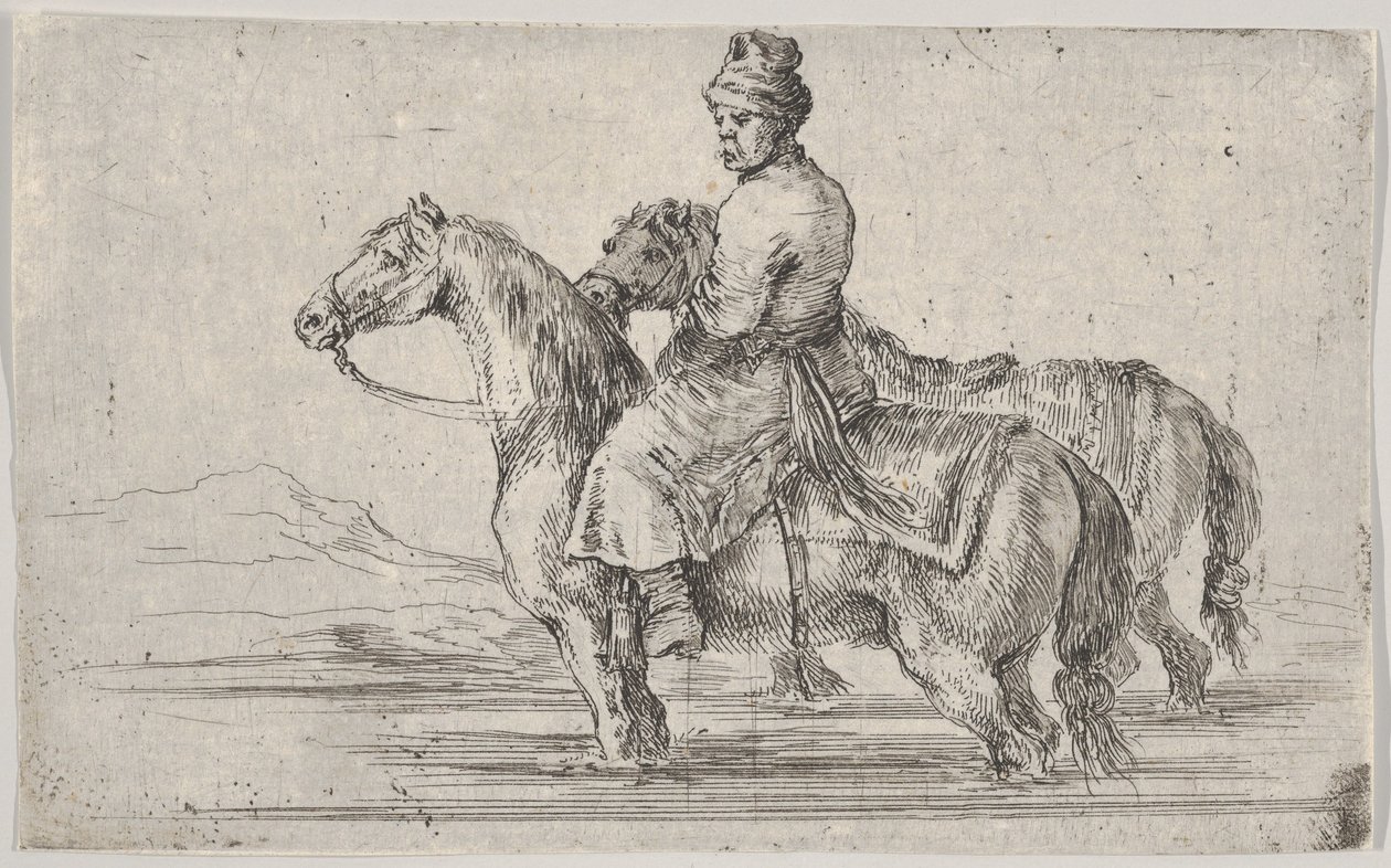 Lokaj zabierający dwa konie do kąpieli, siedzący na jednym koniu w rzece, na drugim obok..., ca. 1662. autorstwa Stefano della Bella