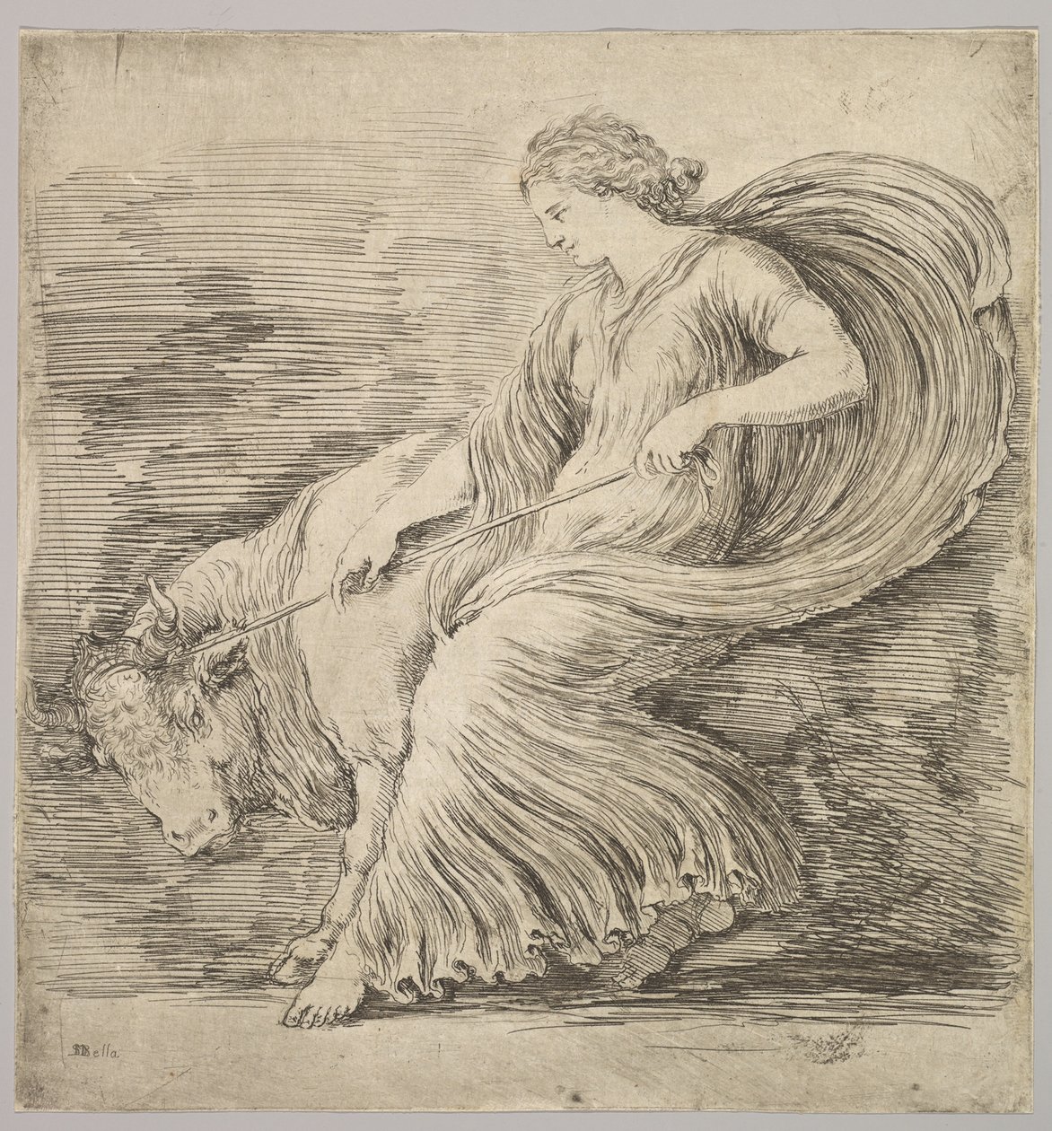 Kobieta z profilu ciągnąca się na linie zawiązanej wokół rogów młodego byka, ca. 1660. autorstwa Stefano della Bella