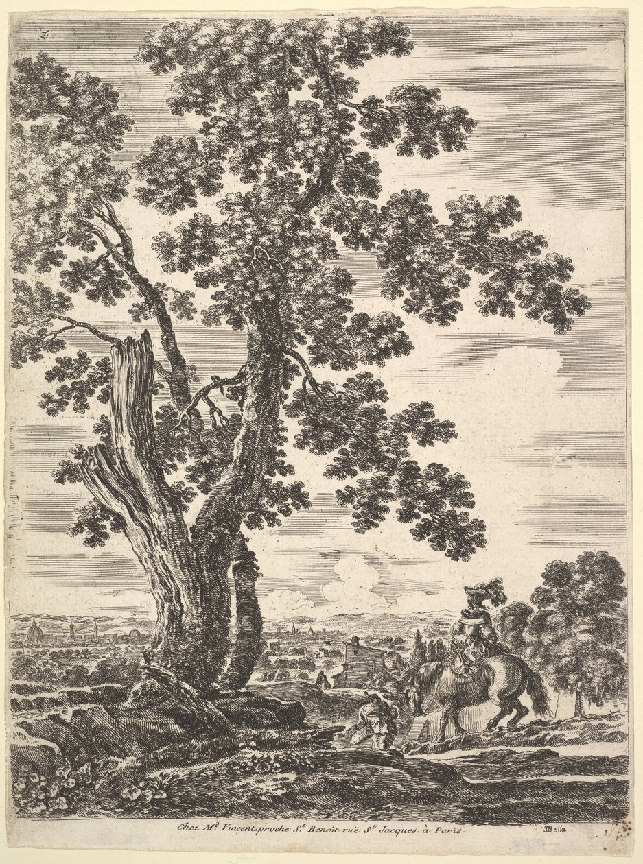 Kobieta na koniu widziana od tyłu schodząca ze wzgórza po prawej, duże drzewo...,ok. 1652-57. autorstwa Stefano della Bella