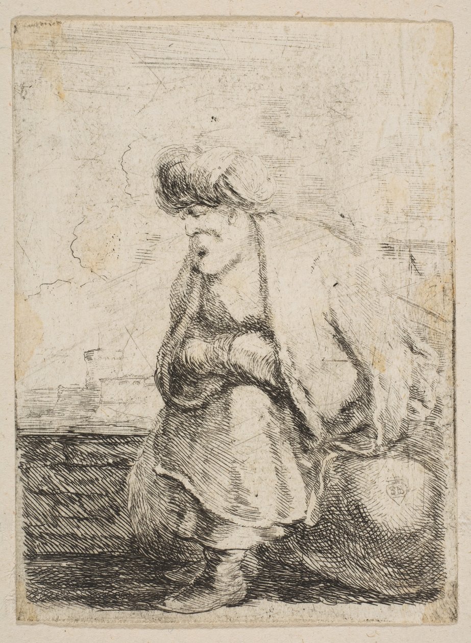 Stary Turek siedzący na kamieniu, ca. 1662. autorstwa Stefano della Bella