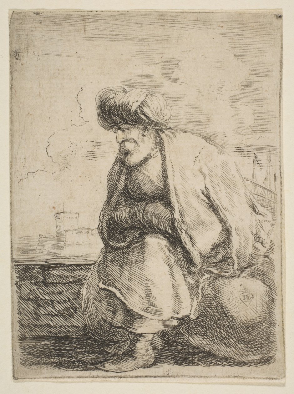 Stary Turek siedzący na kamieniu, ca. 1662. autorstwa Stefano della Bella