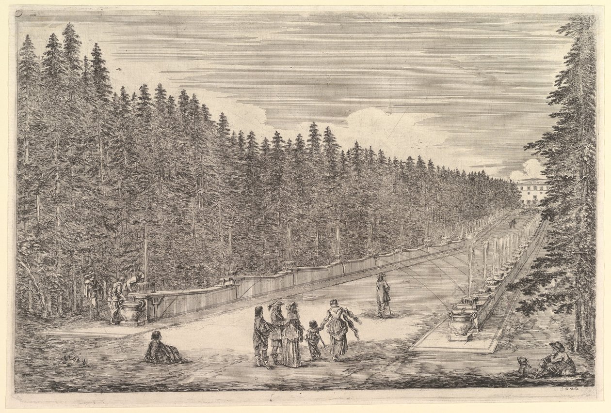 Aleja fontann, grupa ludzi pośrodku, mężczyzna i pies siedzący po prawej stronie, dwie..., ca. 1653. autorstwa Stefano della Bella