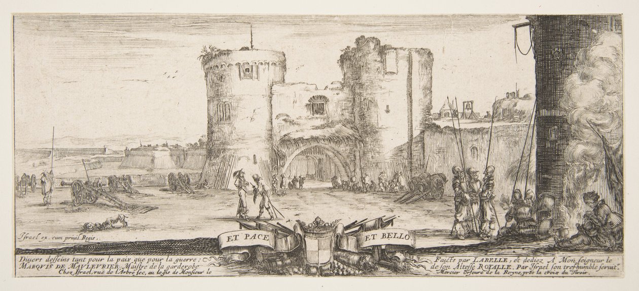 Wejście do twierdzy w centrum, kobieta z dzieckiem siedząca przy ognisku po prawej, sol..., ok. godz. 1641. autorstwa Stefano della Bella