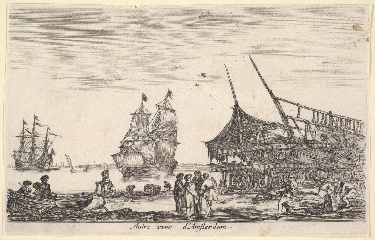 Kolejny widok Amsterdamu Autre vue dAmsterdam, grupa czterech mężczyzn stoi w centrum dnia ..., 1647. autorstwa Stefano della Bella