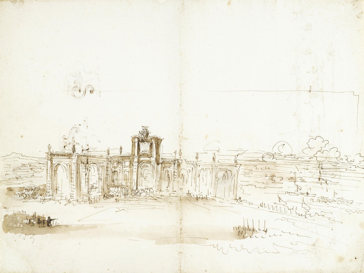 Widok portu w Livorno z budynkiem opatrzonym herbem rodu Medici [recto]; widok portu i dwa szkice ornamentów [verso] autorstwa Stefano della Bella