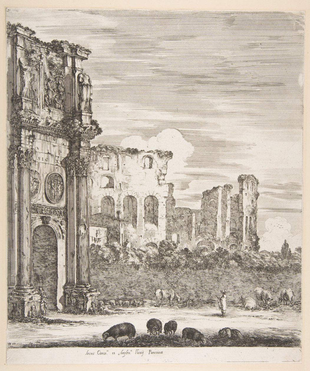 Łuk Konstantyna i Koloseum z pasącymi się owcami na pierwszym planie, z sześciu dużych widoków..., 1656. autorstwa Stefano della Bella
