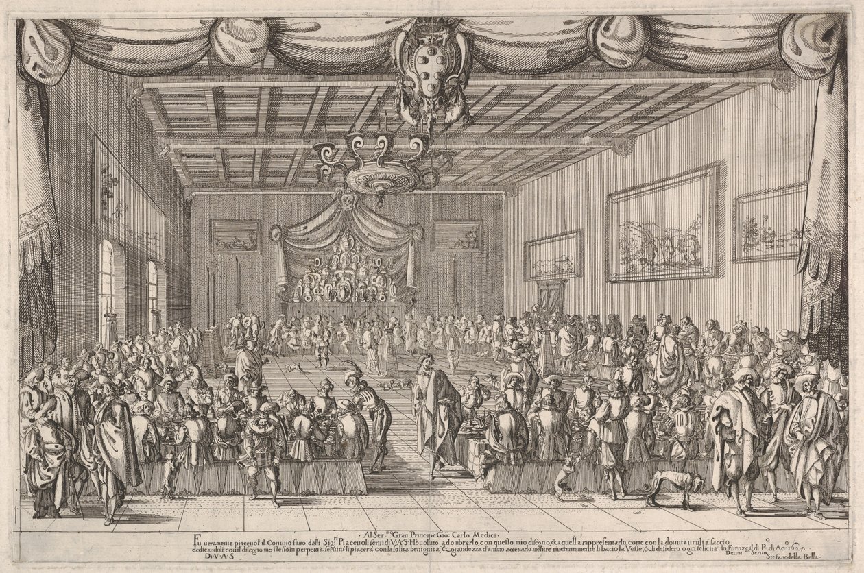 Bankiet rodu Piacevoli, herb rodu Medici u góry pośrodku autorstwa Stefano della Bella