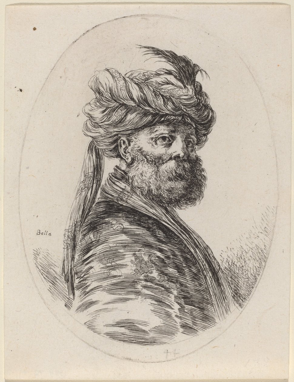 Brodaty Moor w pierzastym turbanie z welonem, zwrócony w prawo autorstwa Stefano della Bella
