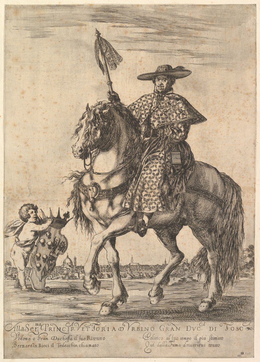 Bernardino Ricci, zwany il Tedeschino, na koniu pośrodku, jadący w lewo, w..., 1637. autorstwa Stefano della Bella