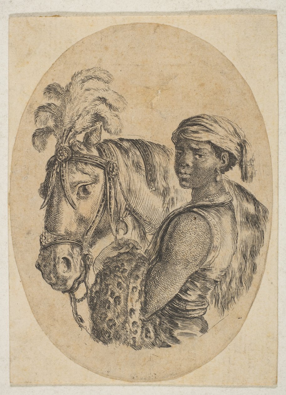 Czarny niewolnik nosi skórę lamparta i trzyma uzdę konia, z kilku głów..., 1649-50. autorstwa Stefano della Bella