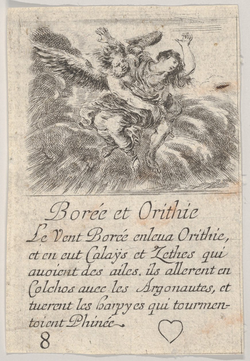 Boreas i Orithyia, z Game of Mythology Jeu de la Mythologie, 1644. autorstwa Stefano della Bella