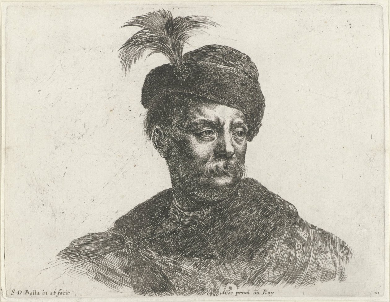 Popiersie Polaka z wąsami i czapką z piórkiem Podstawy rysowania (tytuł serii) I principii del disegno (tytuł serii) autorstwa Stefano della Bella