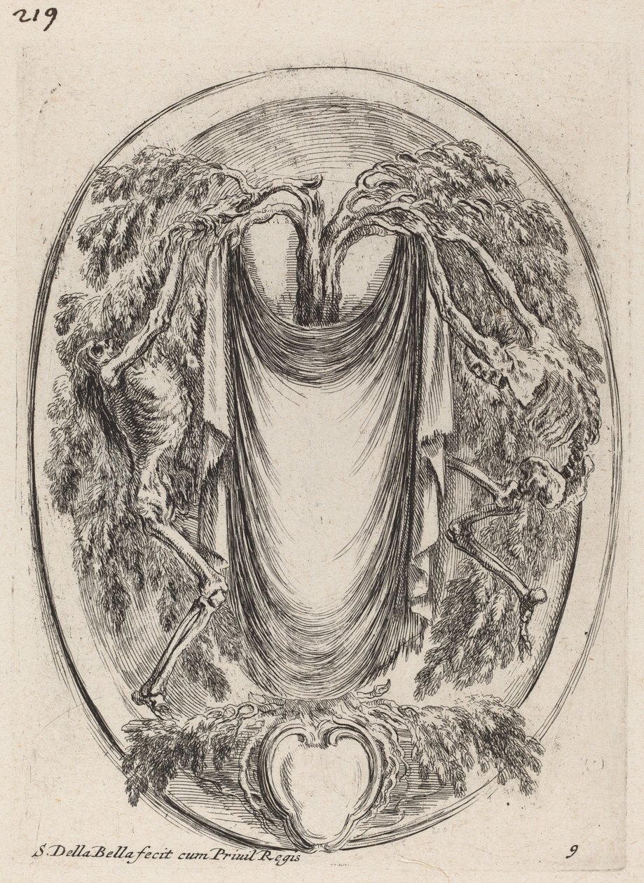 Kartusz w formie zasłony zawieszonej na cyprysie otoczonym przez szkielety, 1647. autorstwa Stefano della Bella