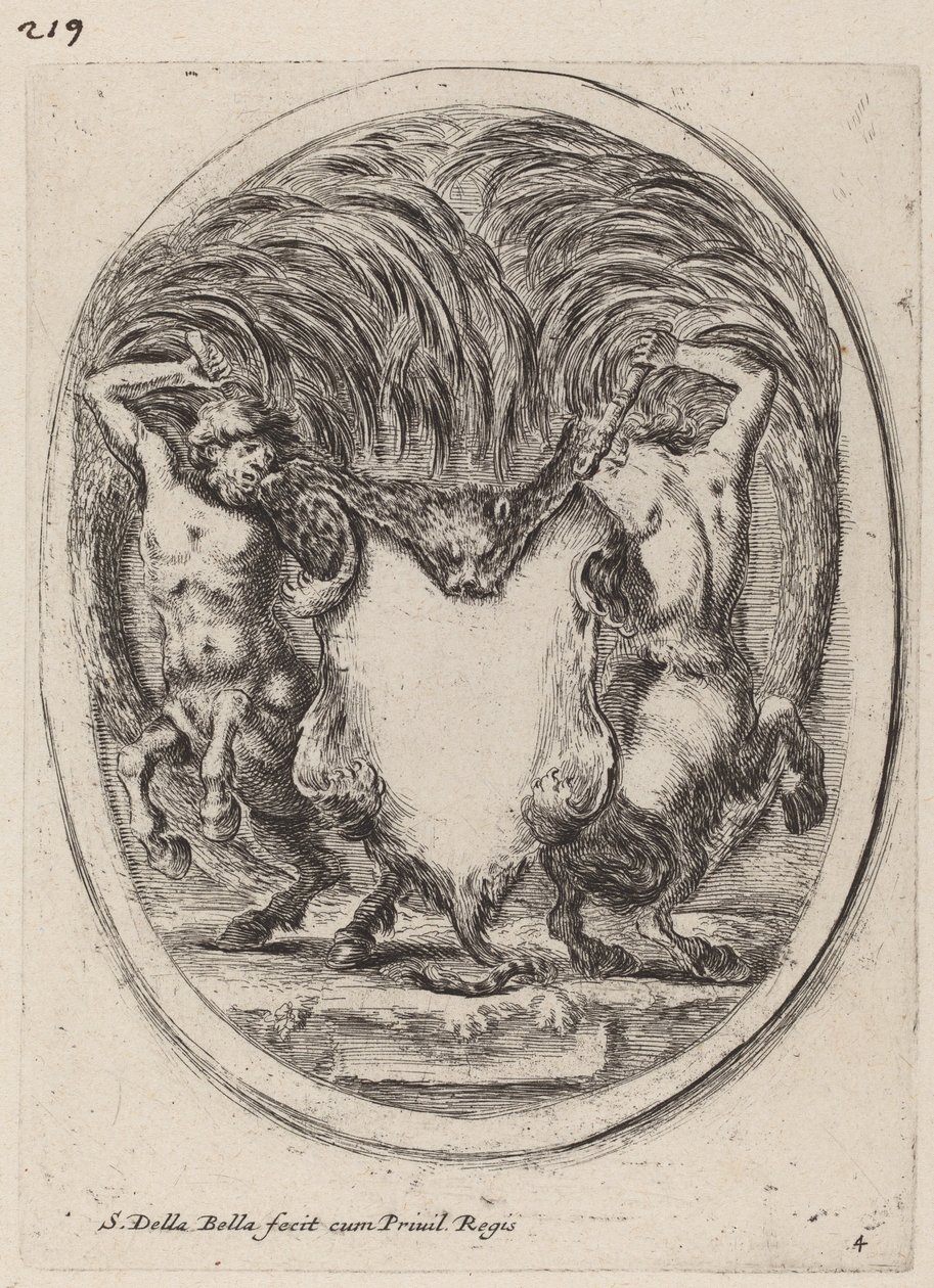 Kartusz w formie obdartego ze skóry tygrysa wspieranego przez centaury, 1647. autorstwa Stefano della Bella