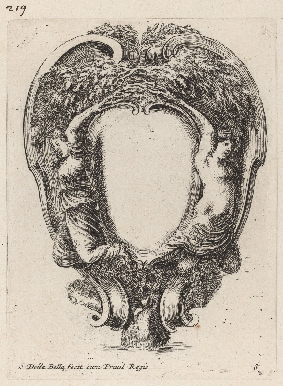 Kartusz z dwiema nimfami przemienionymi w drzewa, 1647. autorstwa Stefano della Bella