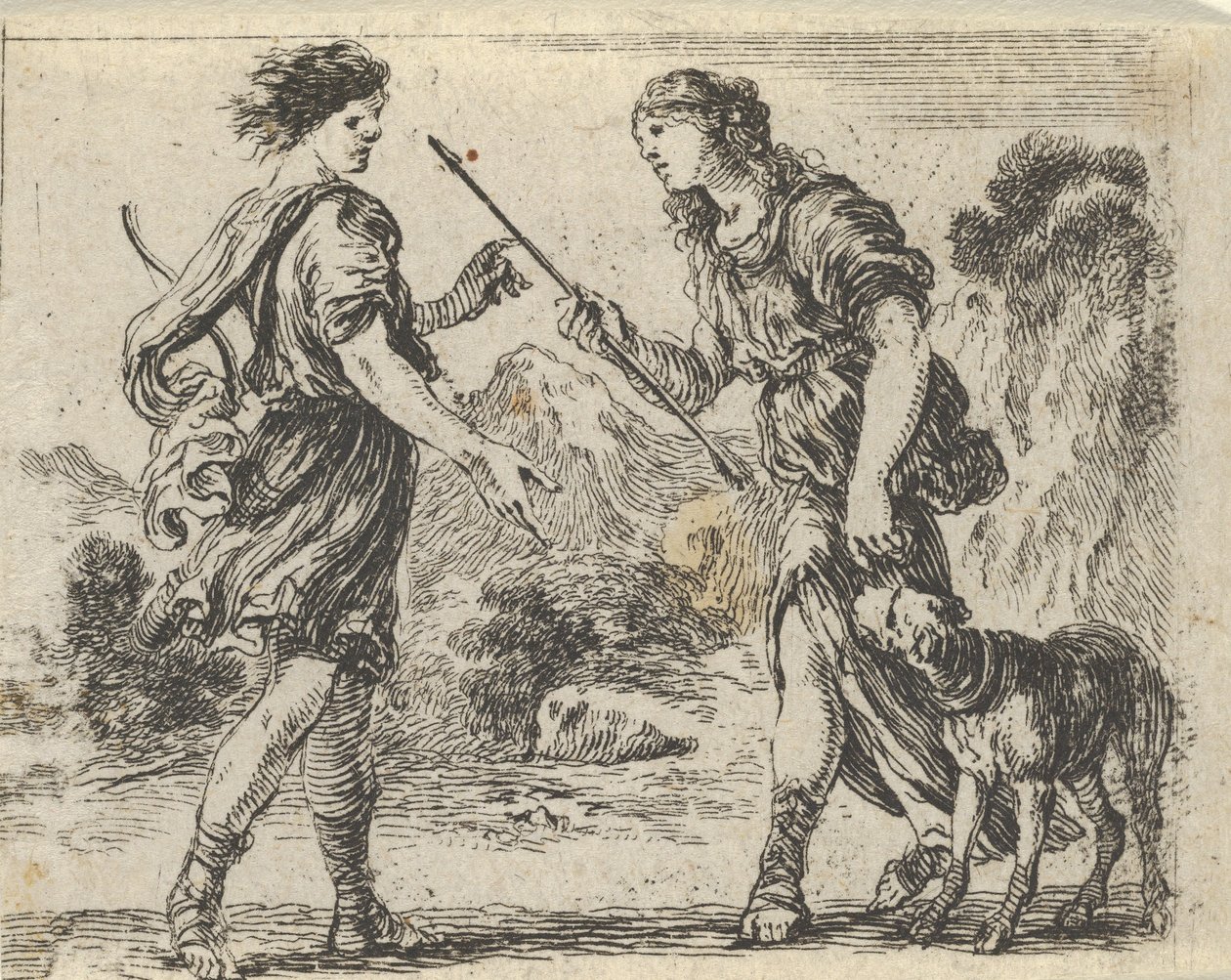 Cephalus i Procris, z „Gry w mitologię” Jeu de la Mythologie, 1644. autorstwa Stefano della Bella