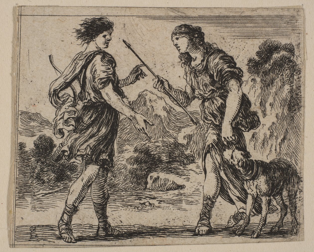 Cephalus i Procris, z Game of Mythology Jeu de la Mythologie, 1644. autorstwa Stefano della Bella