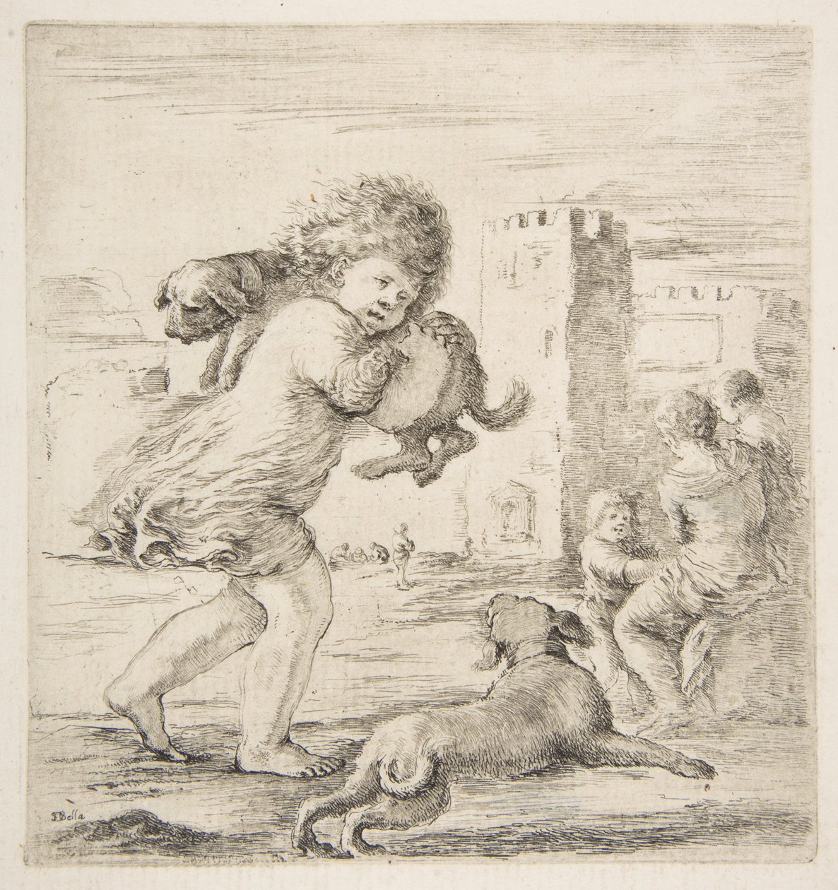 Dziecko niosące szczeniaka na ramieniu, ca. 1662. autorstwa Stefano della Bella