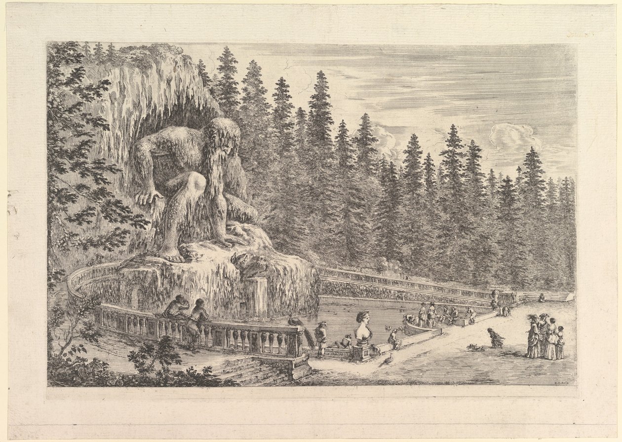 Kolosalna statua Appenino autorstwa Giambologna po lewej, przedstawiona jako gigantyczna kuca..., ca. 1653. autorstwa Stefano della Bella