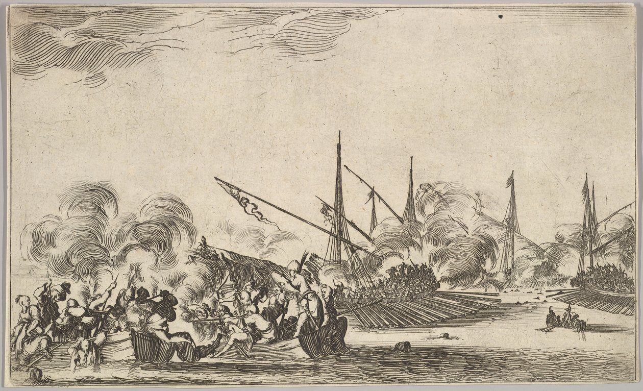 Walka między kilkoma łodziami wiosłowymi i statkami, dwie grupy mężczyzn w łodziach wiosłowych walczące w lewo..., 1639. autorstwa Stefano della Bella