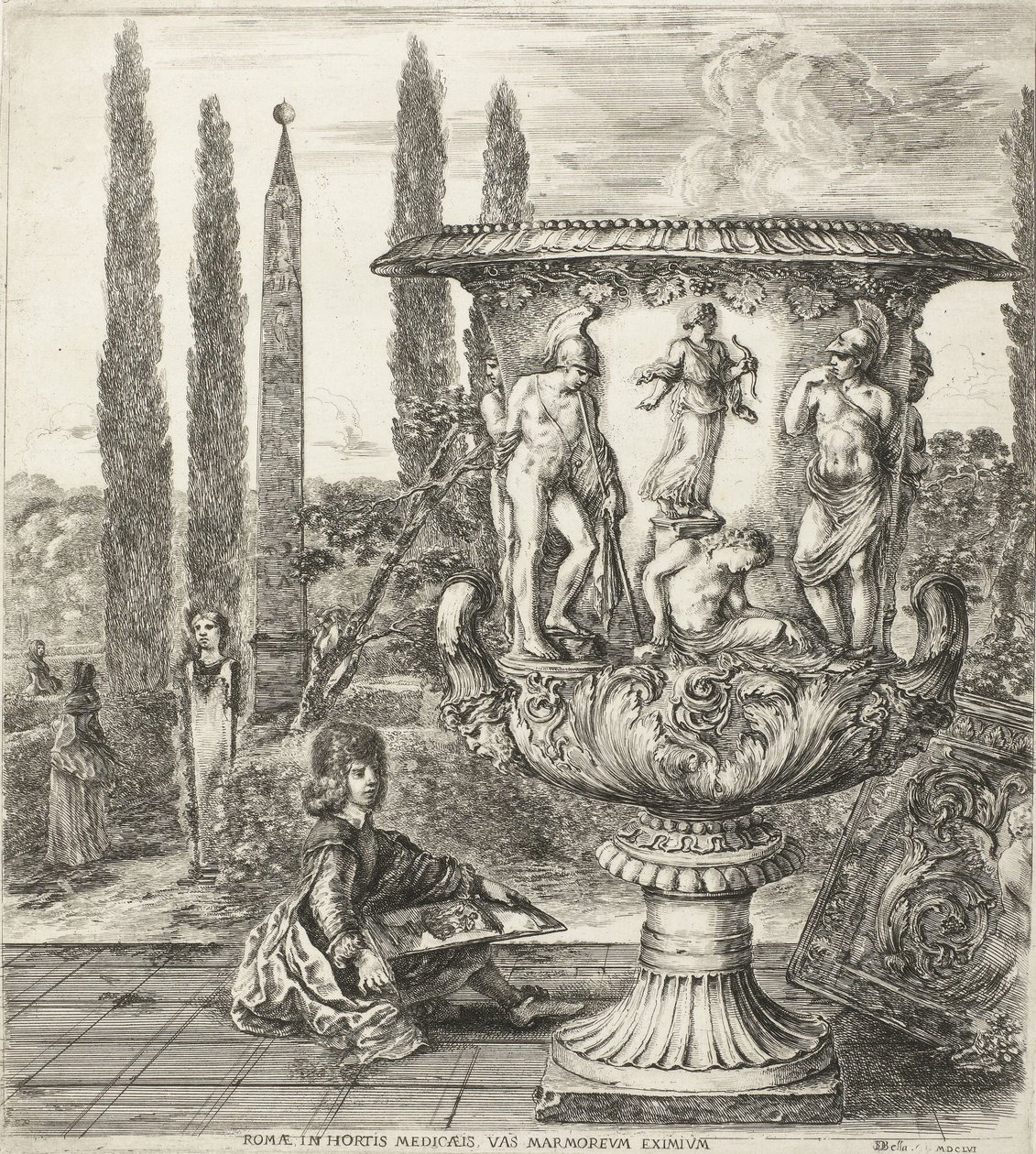 De jonge Cosimo III de Medici tekent de Medici-vaas Rzym, w ogrodach Medyceuszy, wyjątkowy marmur (tytuł na obiekcie) Gezichten op Rome en omgeving (tytuł serii) Sześć grandes vues, dont quatre de Rome et deux de la Campagne romaine (tytuł serii) autorstwa Stefano della Bella