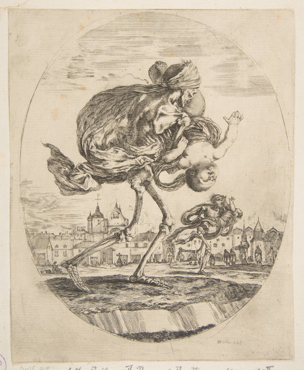 Śmierć niosąca niemowlę, z Pięciu zgonów Les cinq Morts, ca. 1648. autorstwa Stefano della Bella