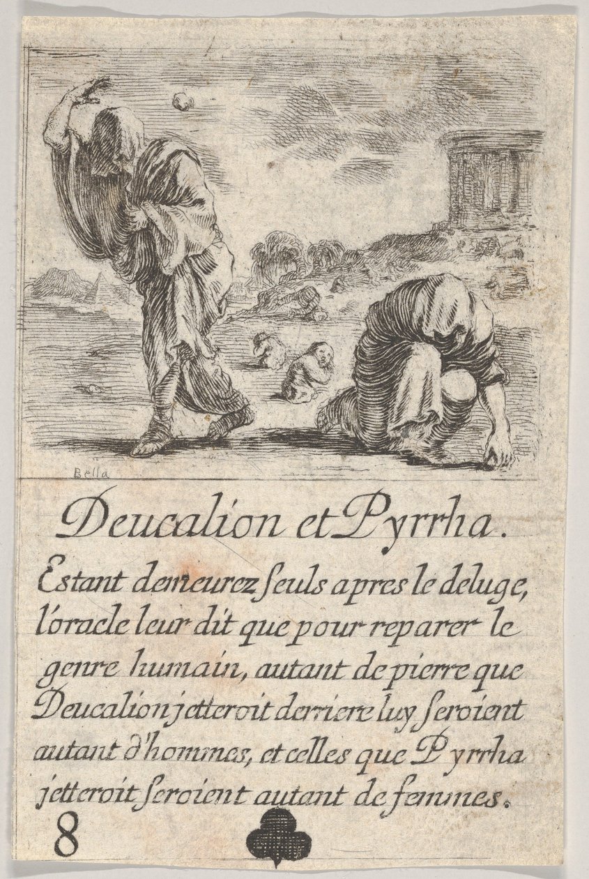Deucalion i Pyrrha, z Game of Mythology Jeu de la Mythologie, 1644. autorstwa Stefano della Bella