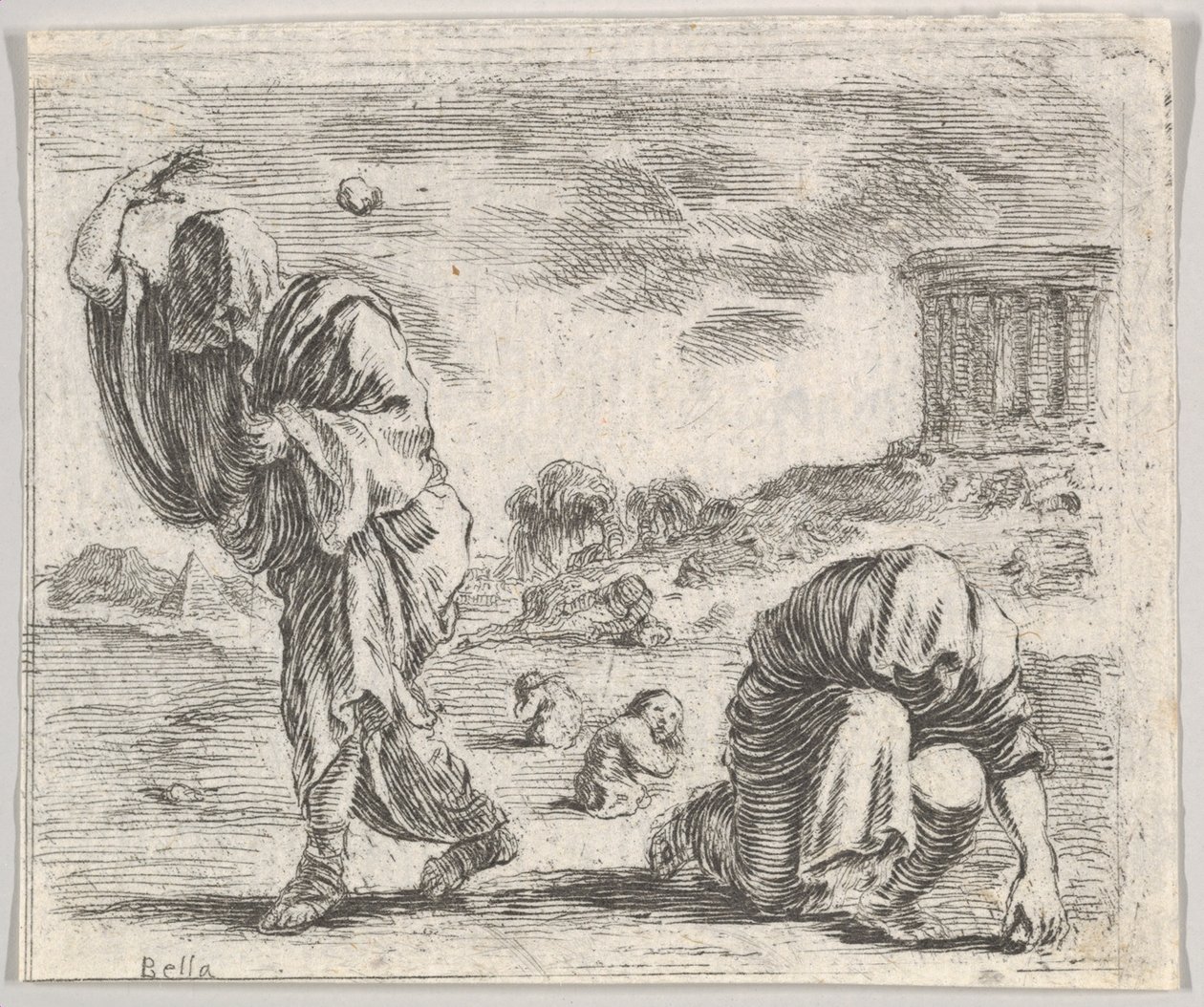 Deucalion i Pyrrha, z Game of Mythology Jeu de la Mythologie, 1644. autorstwa Stefano della Bella