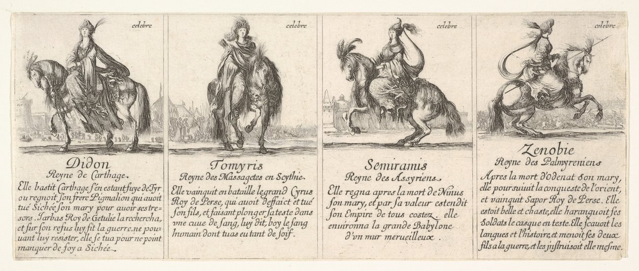 Dido, Tomyris, Semiramis i Zenobie z „Gry królowych” autorstwa Stefano della Bella