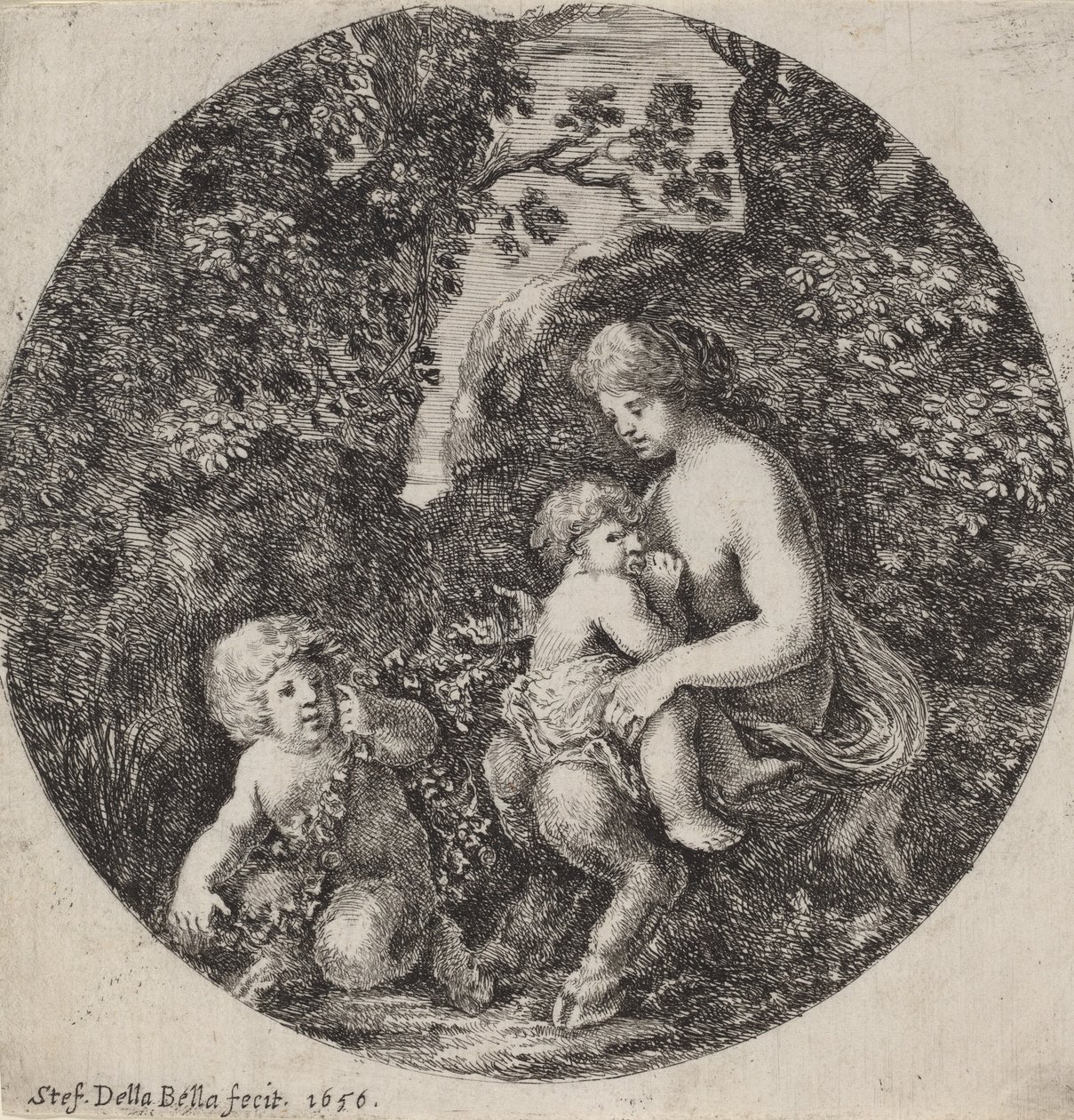 Satyrka karmiąca dziecko w zalesionym krajobrazie, 1656. autorstwa Stefano della Bella