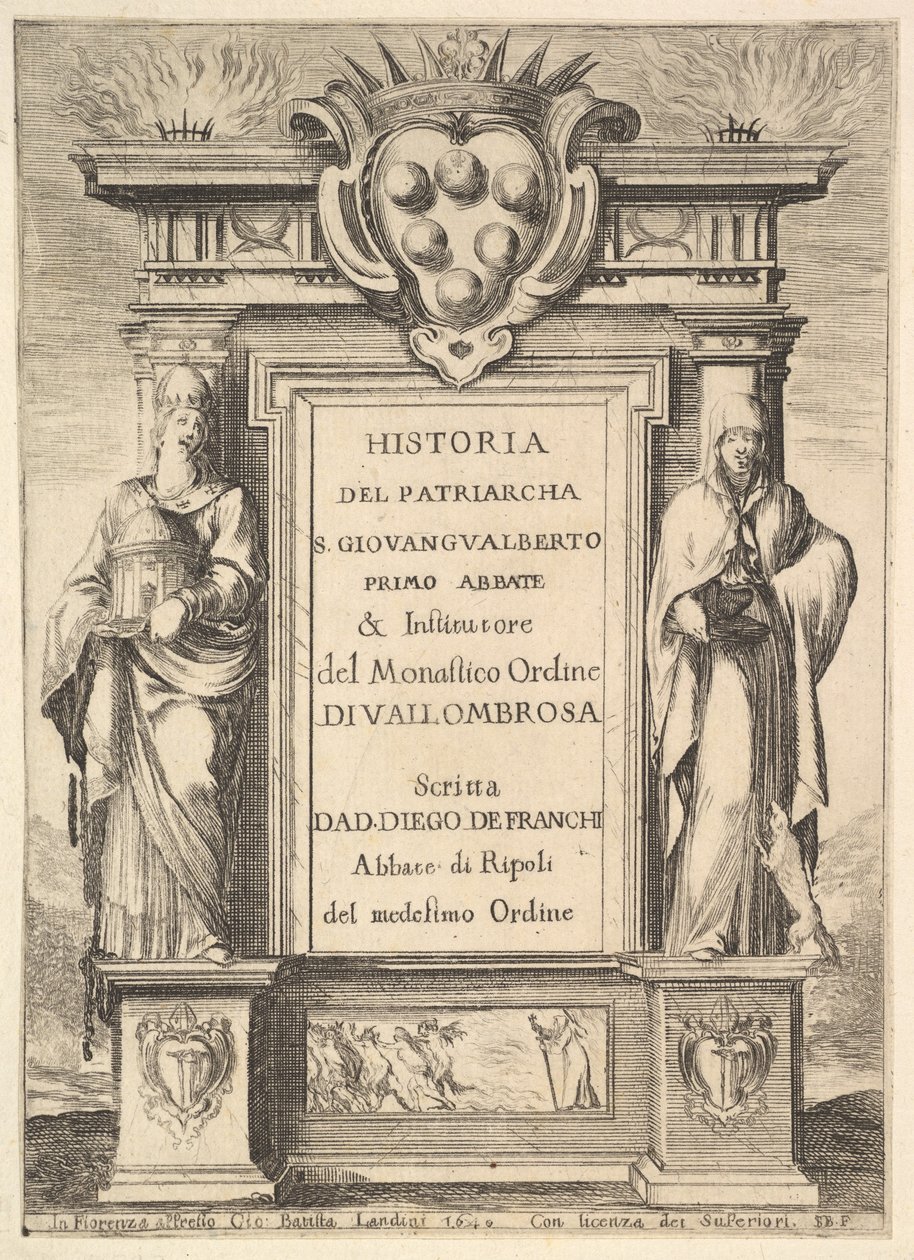 Frontyspis: pomnik ozdobiony herbem Medyceuszy u góry pośrodku, płomienie a..., 1640. autorstwa Stefano della Bella