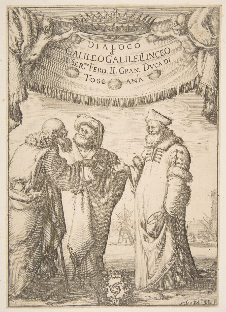 Frontyspis do dialogu Galileo Galilei, 1632. autorstwa Stefano della Bella