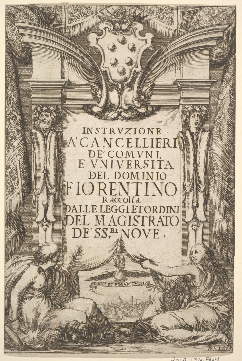 Frontyspis do instrukcji dla kanclerza Instruzione a Cancellieri: Płaszcz Medici ..., 1635. autorstwa Stefano della Bella