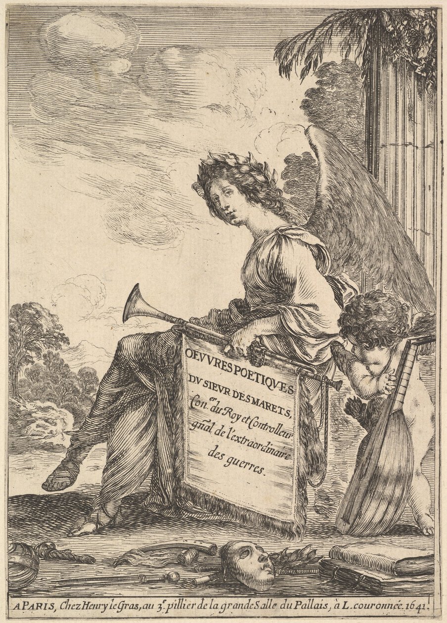 Frontyspis do wierszy Desmarets Oeuvres poétiques de Desmarets: uskrzydlona kobieta rep..., 1641. autorstwa Stefano della Bella