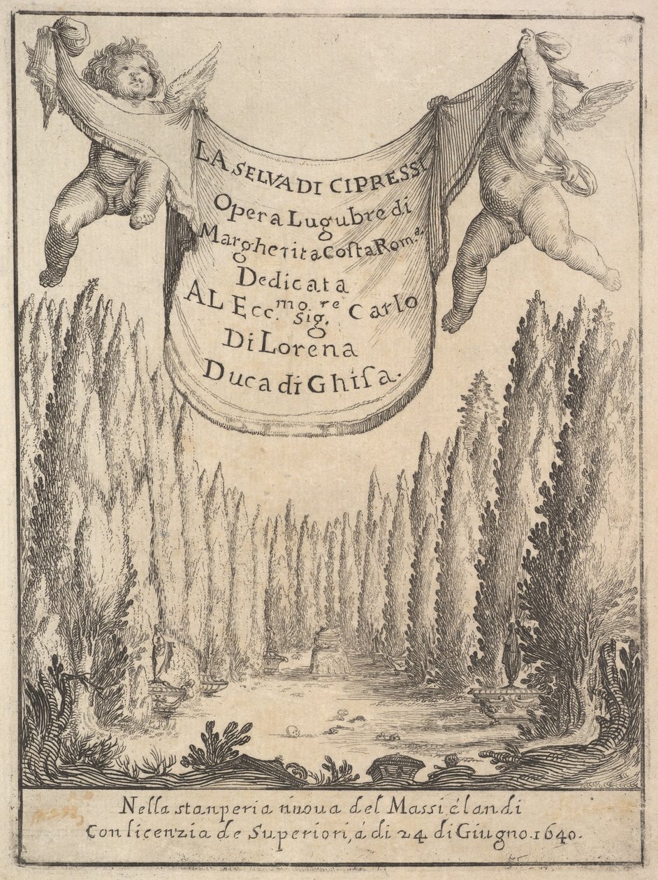 Frontyspis „Las cyprysowy” La selva di cipressi: dwa putta trzymają gobelin w…, 1640. autorstwa Stefano della Bella