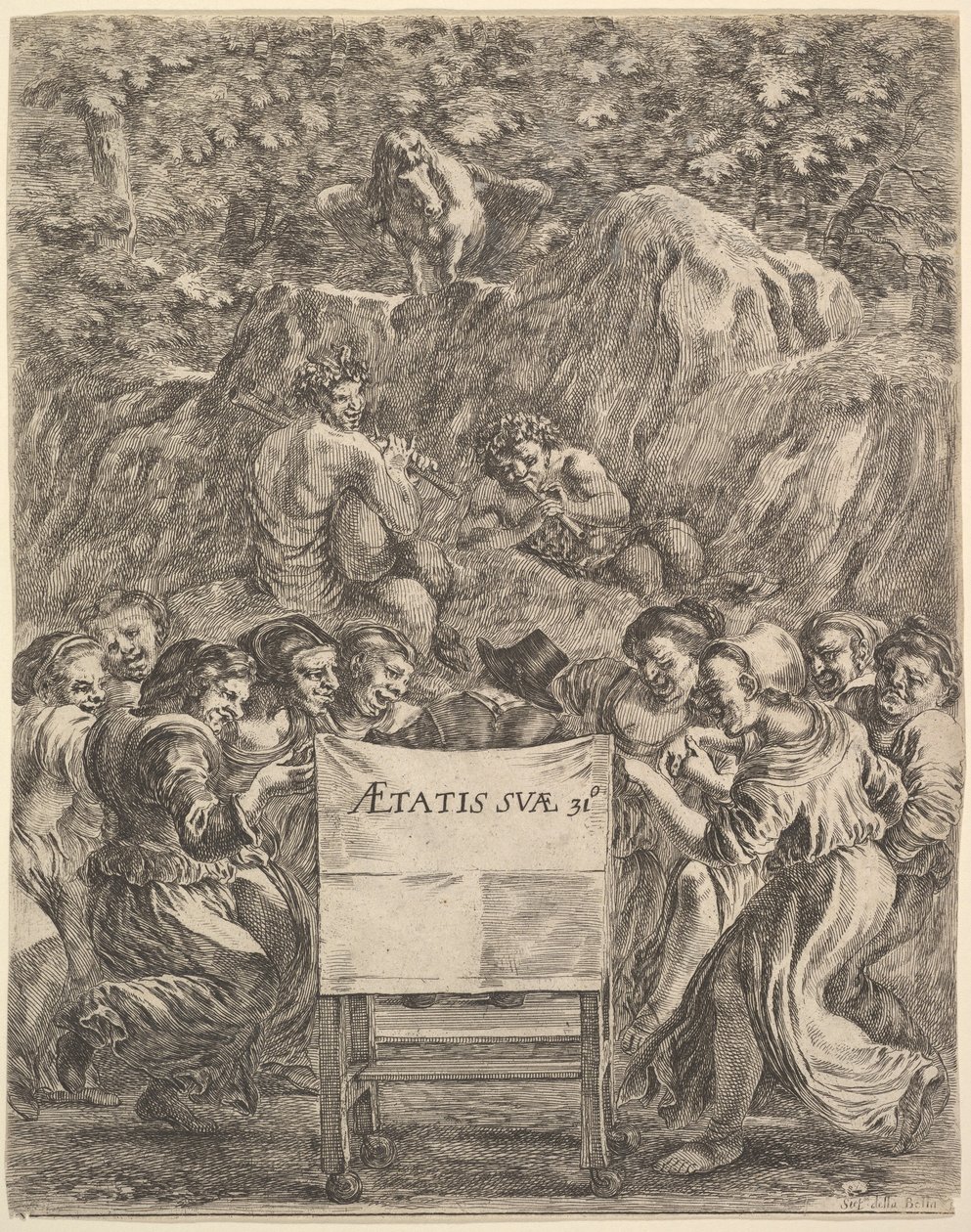 Frontyspis do Dzieł Scarrona uvres de Scarron, poety siedzącego na krześle..., 1649. autorstwa Stefano della Bella
