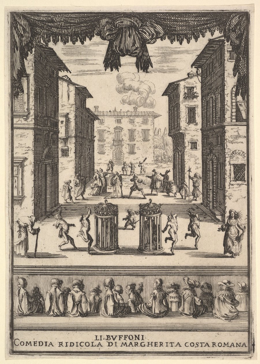Frontyspis do komedii The Buffoons Li Buffoni, scenografia przypominająca pu..., 1639-41. autorstwa Stefano della Bella