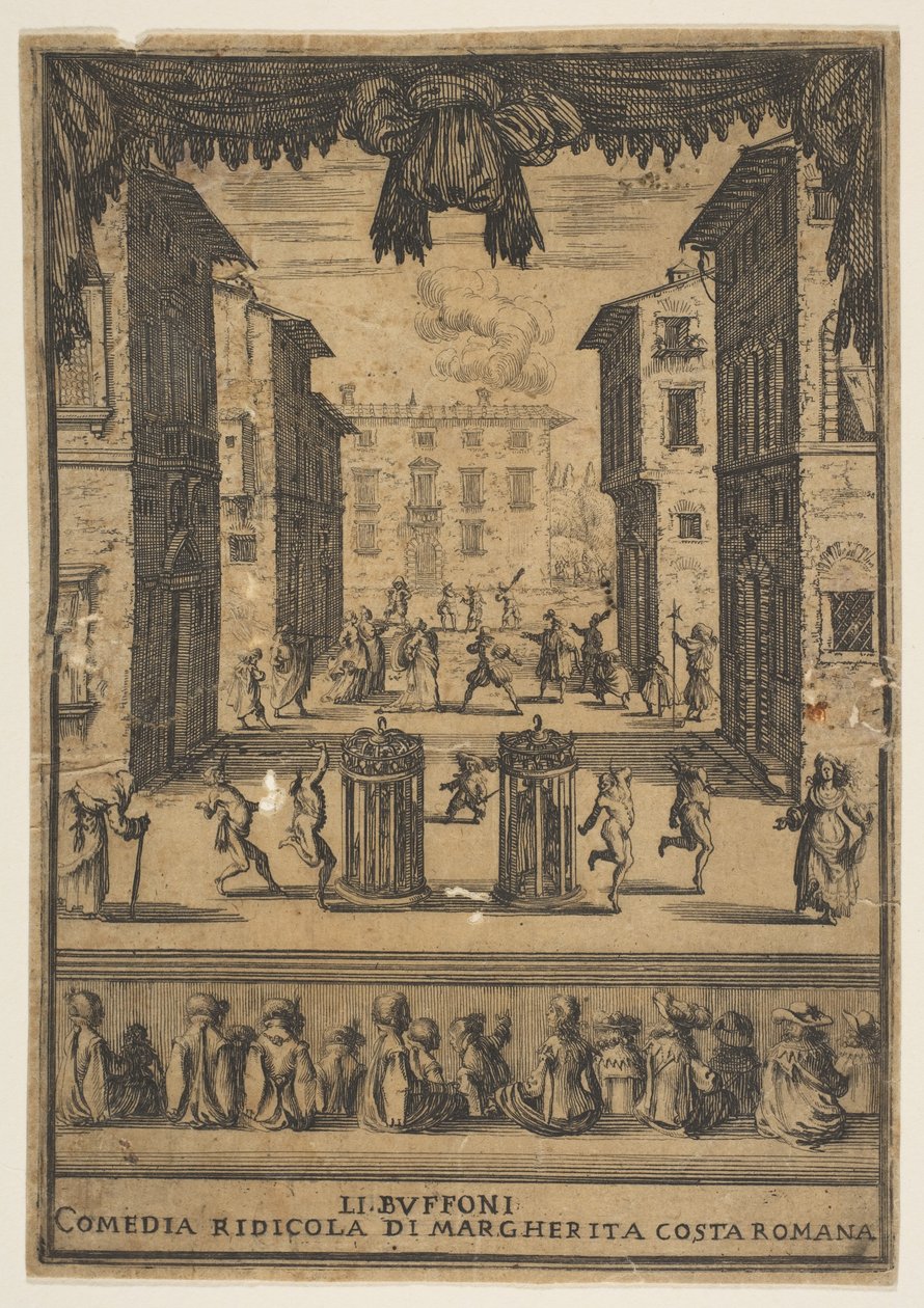 Frontyspis do komedii The Buffoons Li Buffoni, scenografia nawiązująca do p..., ca. 1639. autorstwa Stefano della Bella