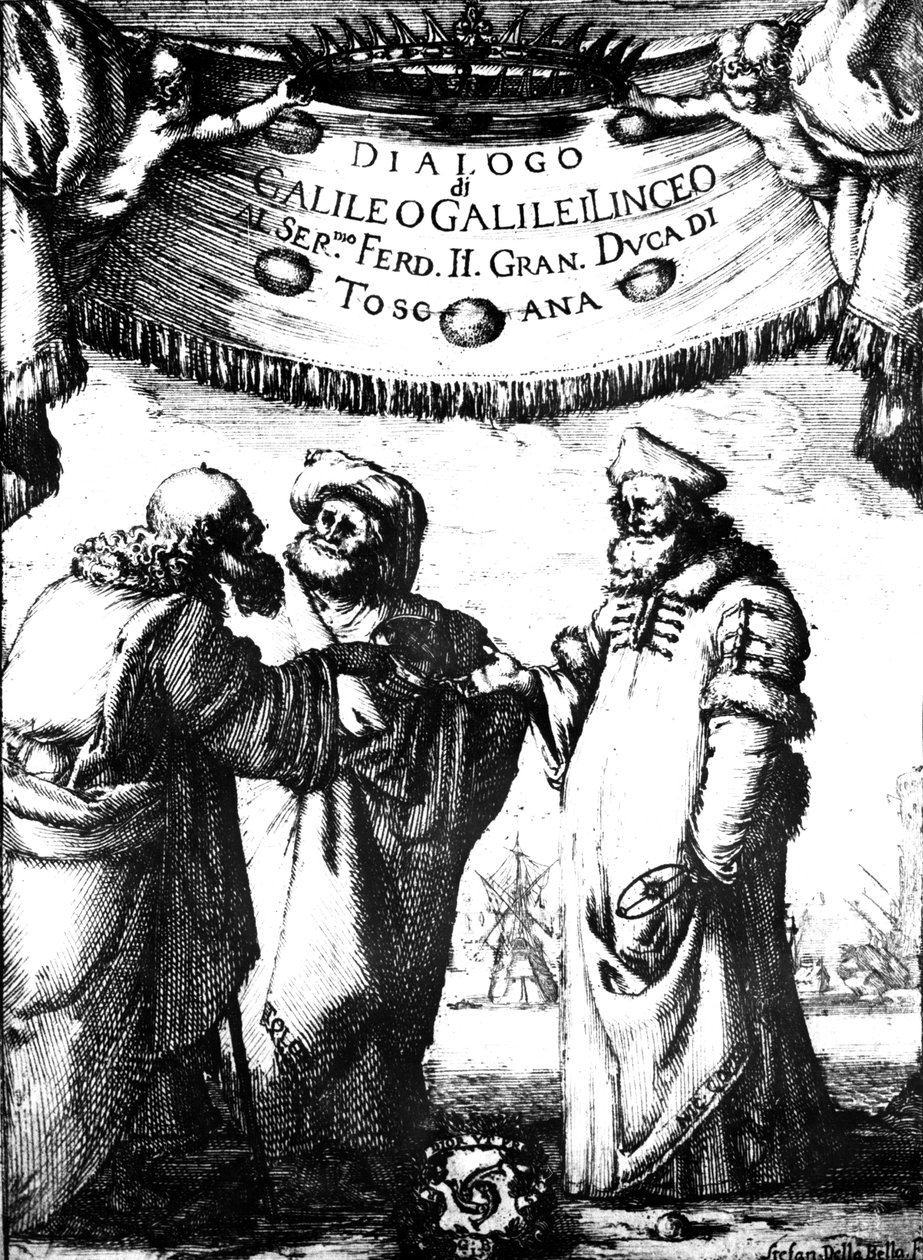 Frontyspis Galileusza Dialogu systemów maksymalnych, 1632 autorstwa Stefano della Bella