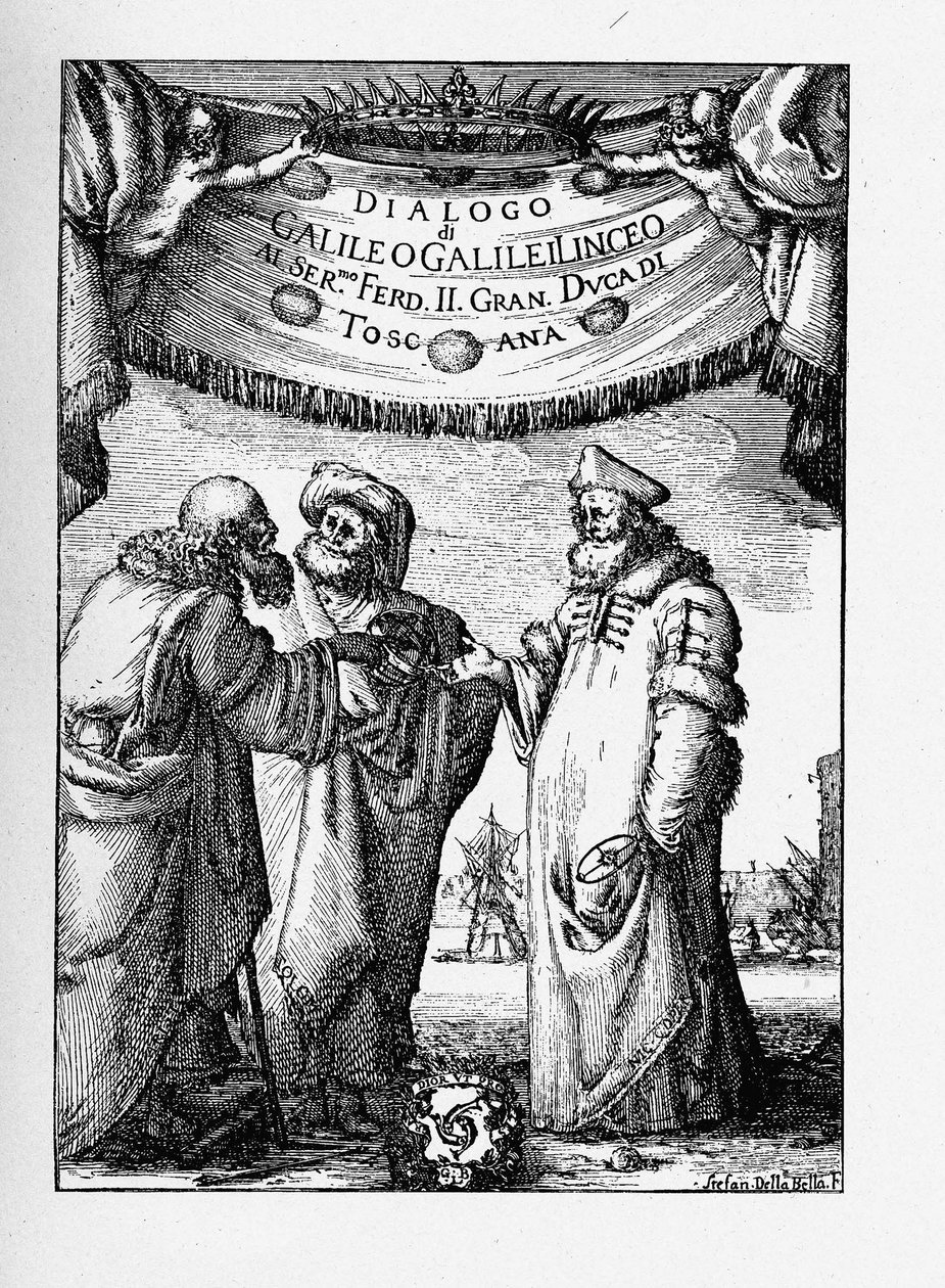 Frontyspis dialogu dotyczącego dwóch głównych systemów światowych, Galileo Galilei, 1632 autorstwa Stefano della Bella