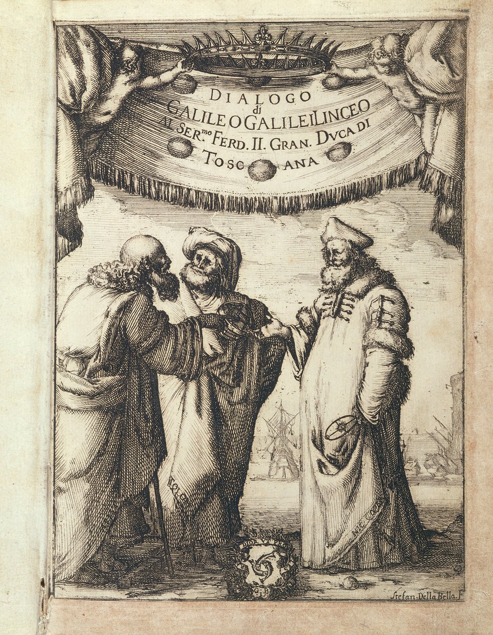 Galileusz (po lewej) rozmawiający z Ptolemeuszem (w środku) i Kopernikiem, ilustrowany frontyspis z Dialogo sopra i due Massimi Sistemi del Mondo, Tolemaico e Copernicano (Dialog dotyczący dwóch głównych systemów światowych, ptolemejskiego i kopernikańskie autorstwa Stefano della Bella