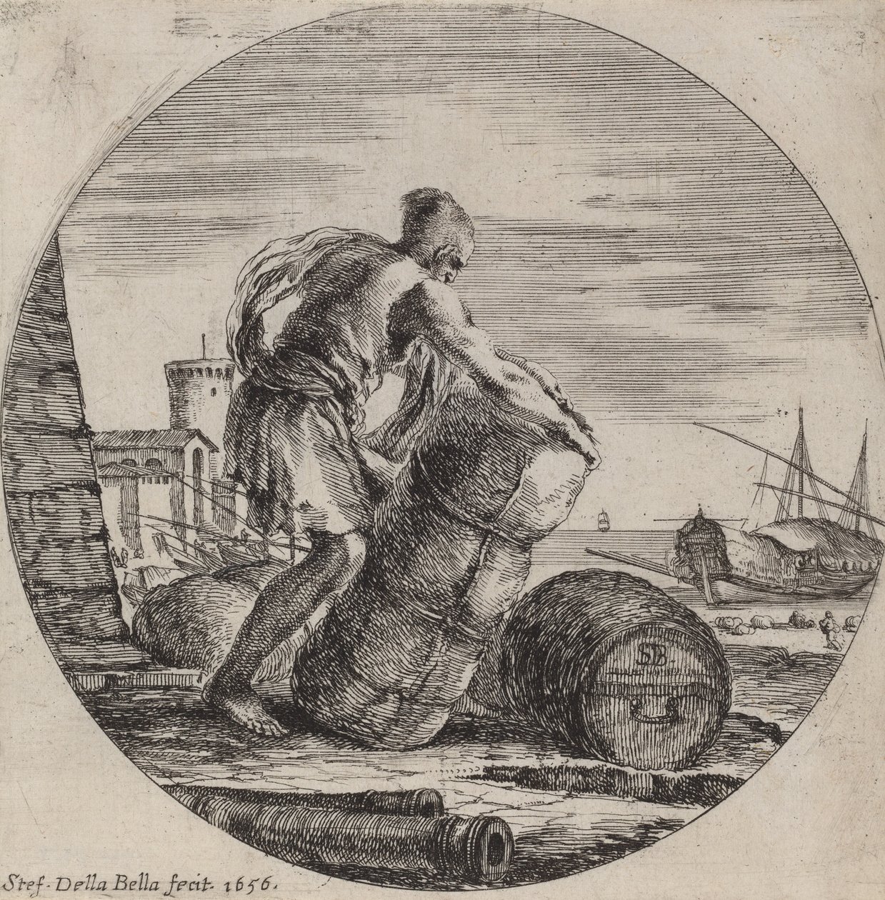 Niewolnik galerowy ciągnący ładunek statku, 1656. autorstwa Stefano della Bella